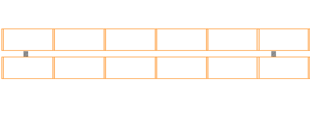 Building columns shown in the rack flue, i.e., between two back-to-back rack rows.