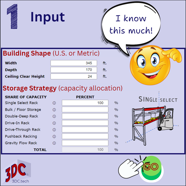 Inputs include the building dimensions and the type of storage.