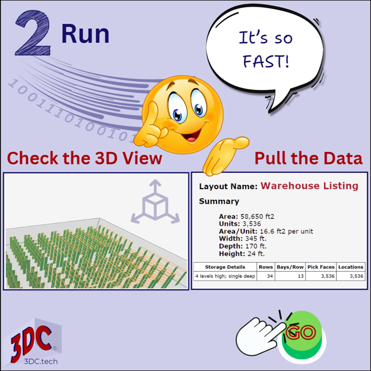 3DC output includes a 3D view of the storage and a data set with size and capacity information.