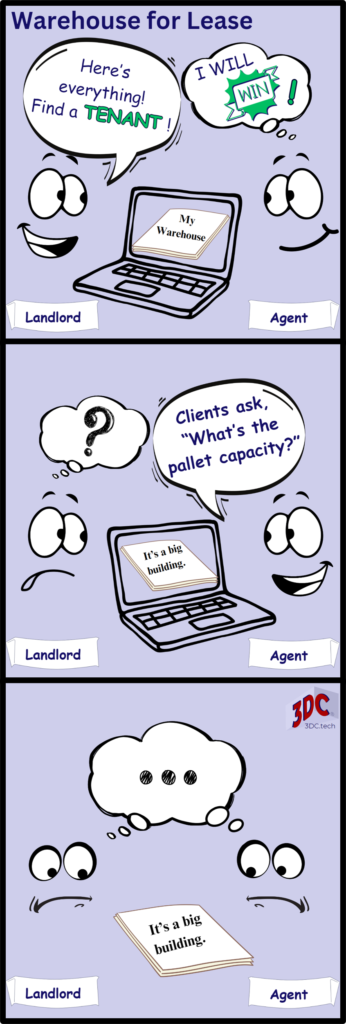 A landlord and a real estate agent discuss a warehouse for lease. The agent says clients ask about pallet capacity. Neither the landlord nor the agent has an answer.
